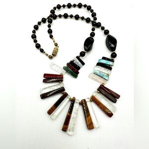 20" VTG multi-gemstone bib-style with brass/antiqued gold tone beads necklace!